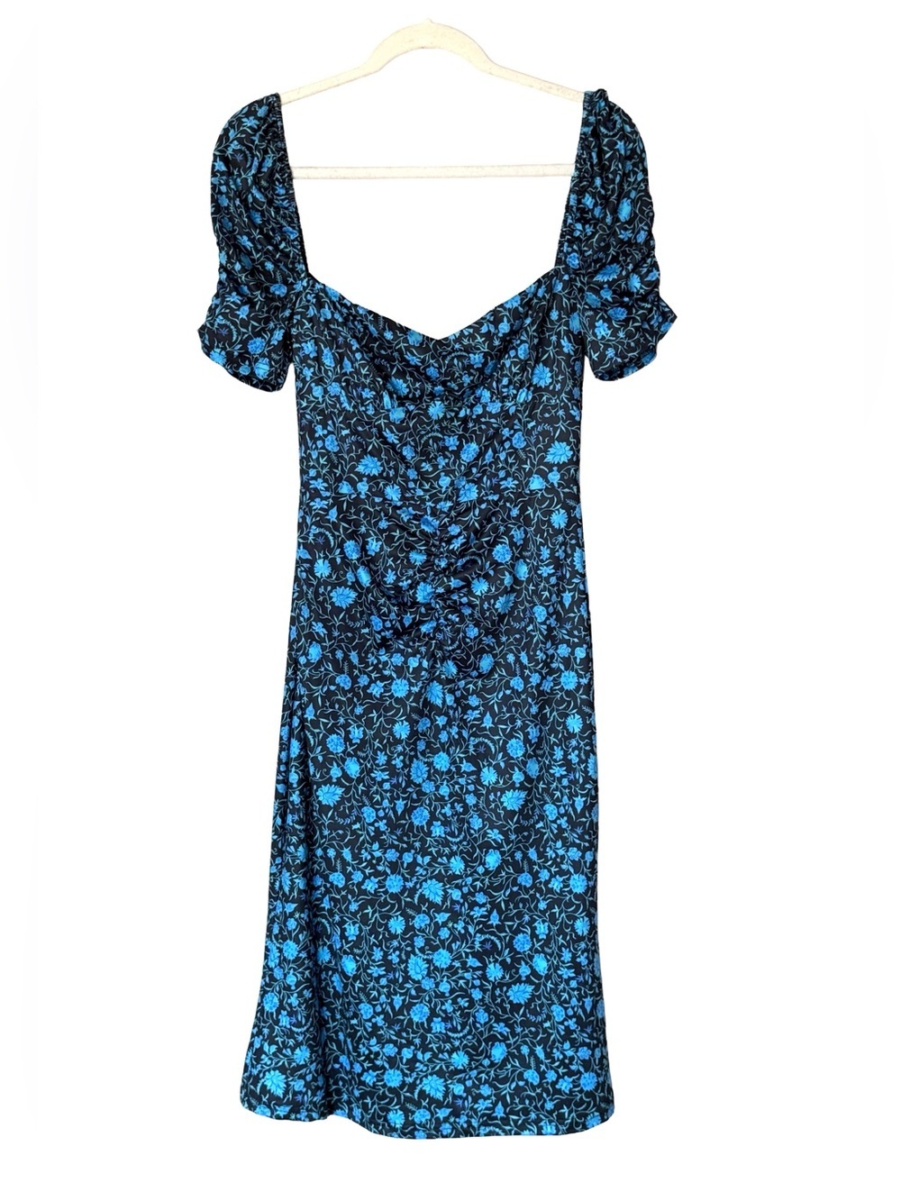 Lait Collection Blue Black Floral Satin Puff Sleeve Midi Dress Women’s Small NWT